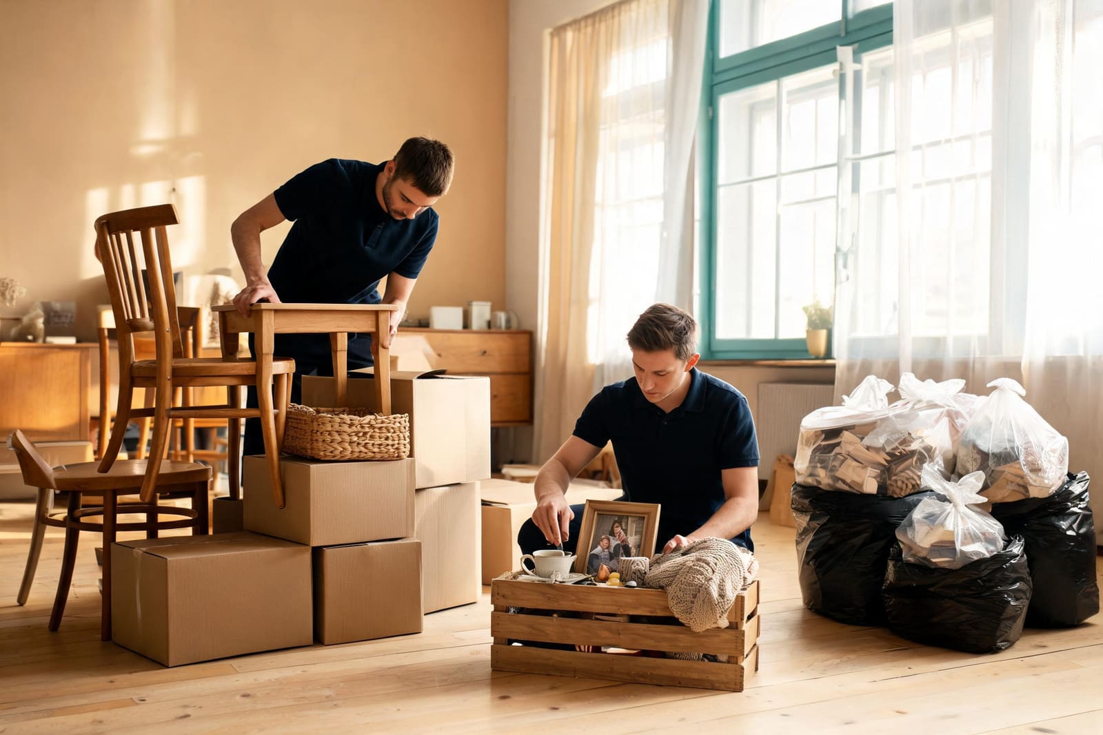 Twee medewerkers sorteren inboedel: meubels voor hergebruik, een kratje dierbare spullen om te bewaren en gescheiden afval