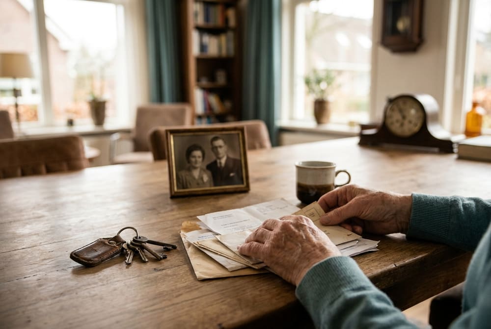 Handen sorteren rustig papieren en post aan een houten tafel, met een oude fotolijst en huissleutels