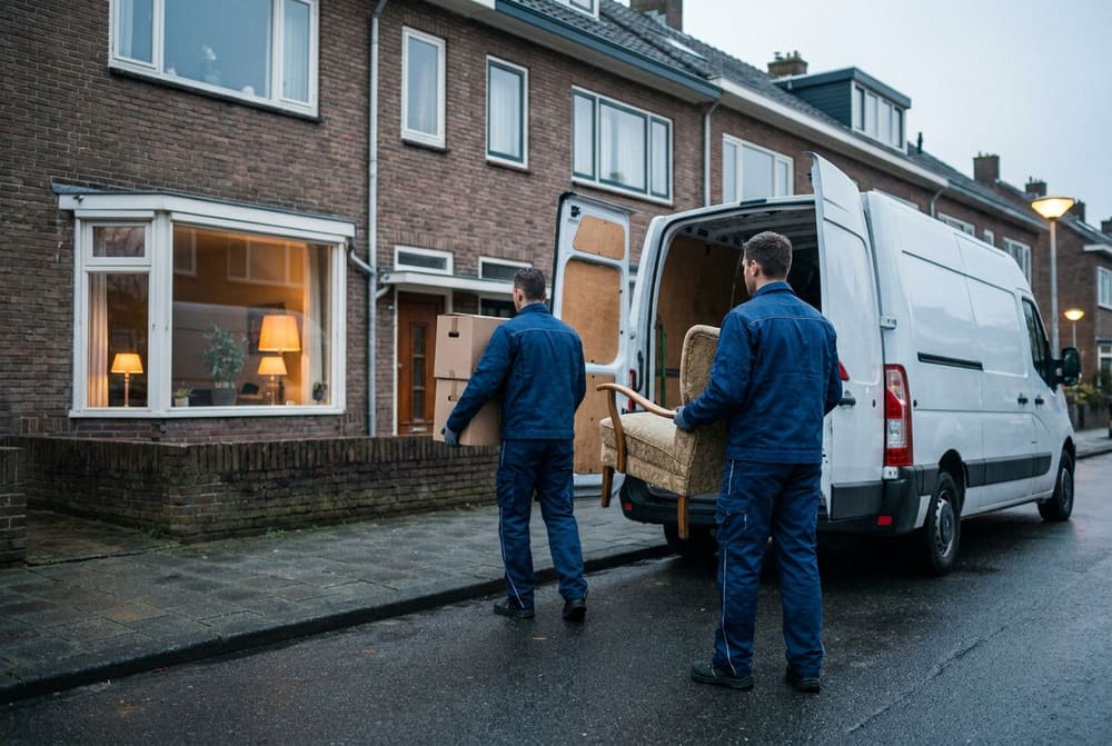 Een ontruimingsbedrijf draagt meubels en dozen naar de bestelbus