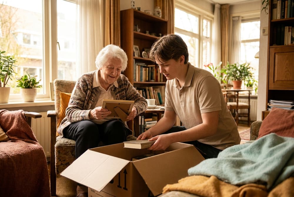 Oudere vrouw bekijkt een fotolijst terwijl een vriendelijke helper spullen in een verhuisdoos pakt