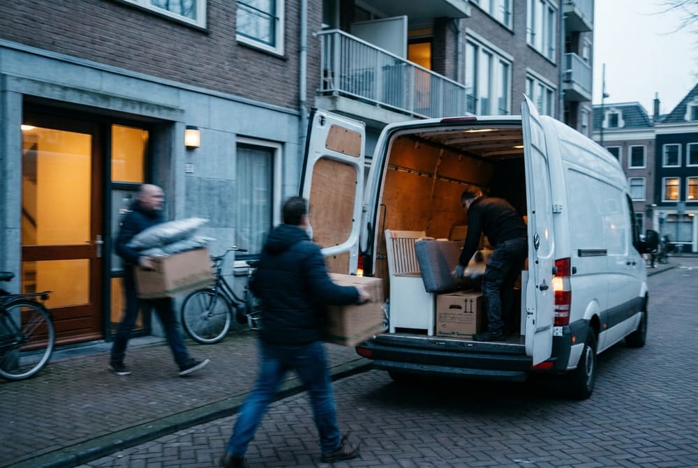 Bij een spoedontruiming wordt de woning snel ingeladen in een bestelbus